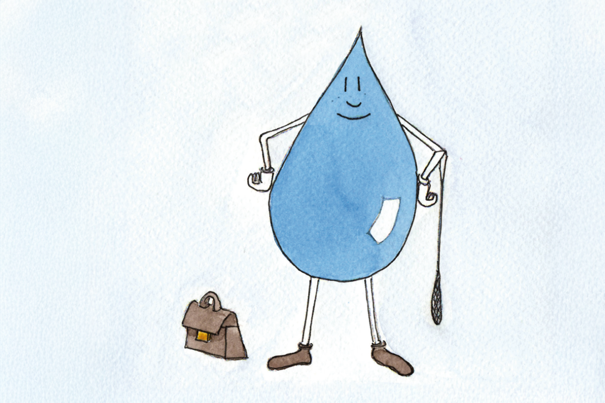 Darstellung von Trulli Tropf als gezeichneter Wassertropfen mit Aktentasche