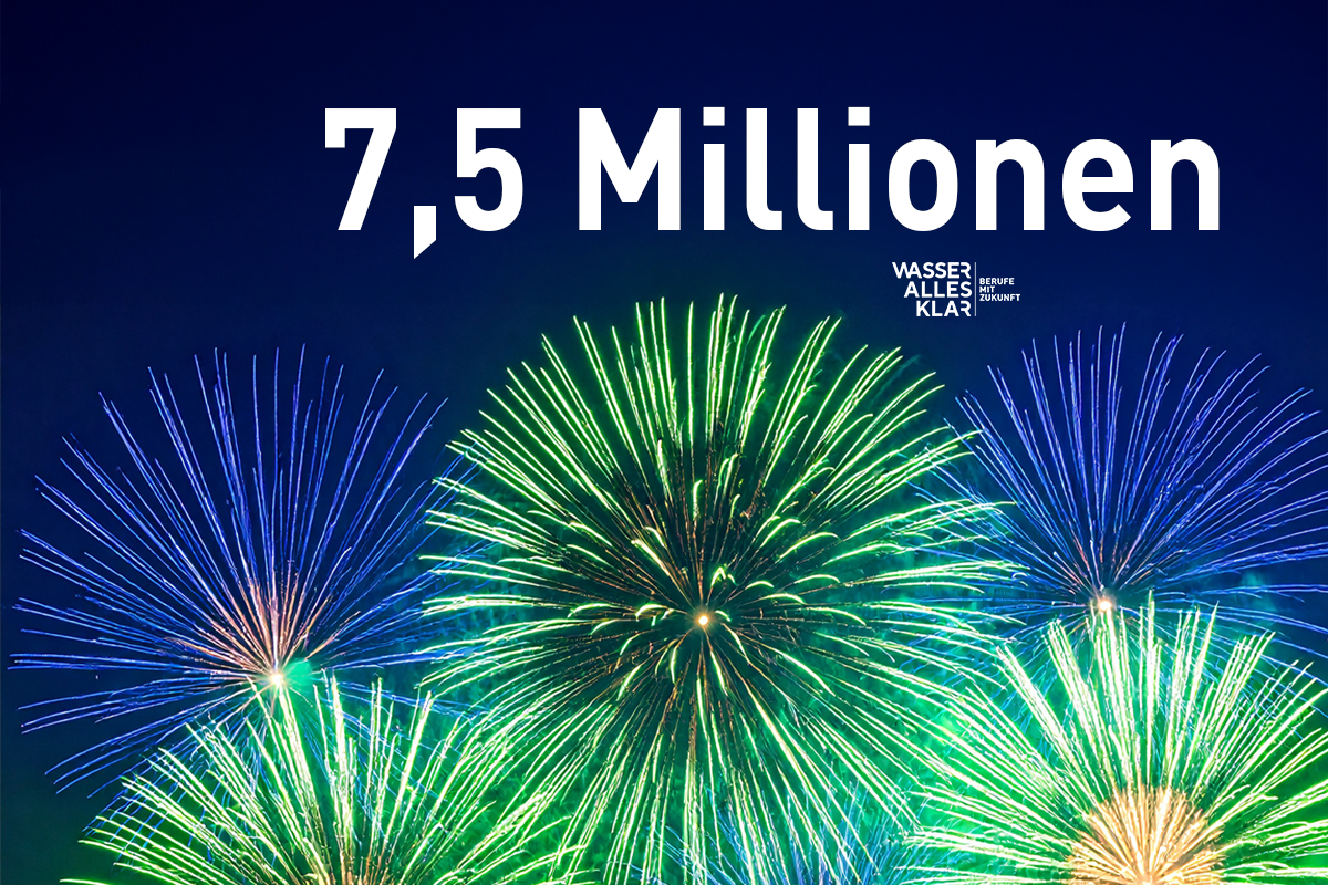 Feuerwerk am dunkelblauen Himmel mit dem Logo von Wasser alles klar und der Schrift 7,5 Millionen