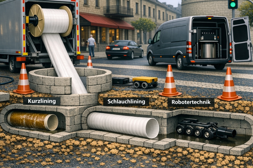 KI-geniertes Bild mit Strassenquerschnitt zur Kanalsanierung- Kurzlining, Schlauchlining & Robotertechnik