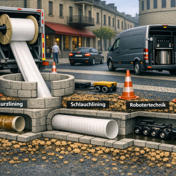 KI-geniertes Bild mit Strassenquerschnitt zur Kanalsanierung- Kurzlining, Schlauchlining & Robotertechnik
