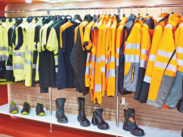 Verschiedenste Arbeitsschutzkleidung hängt an einem Ständer