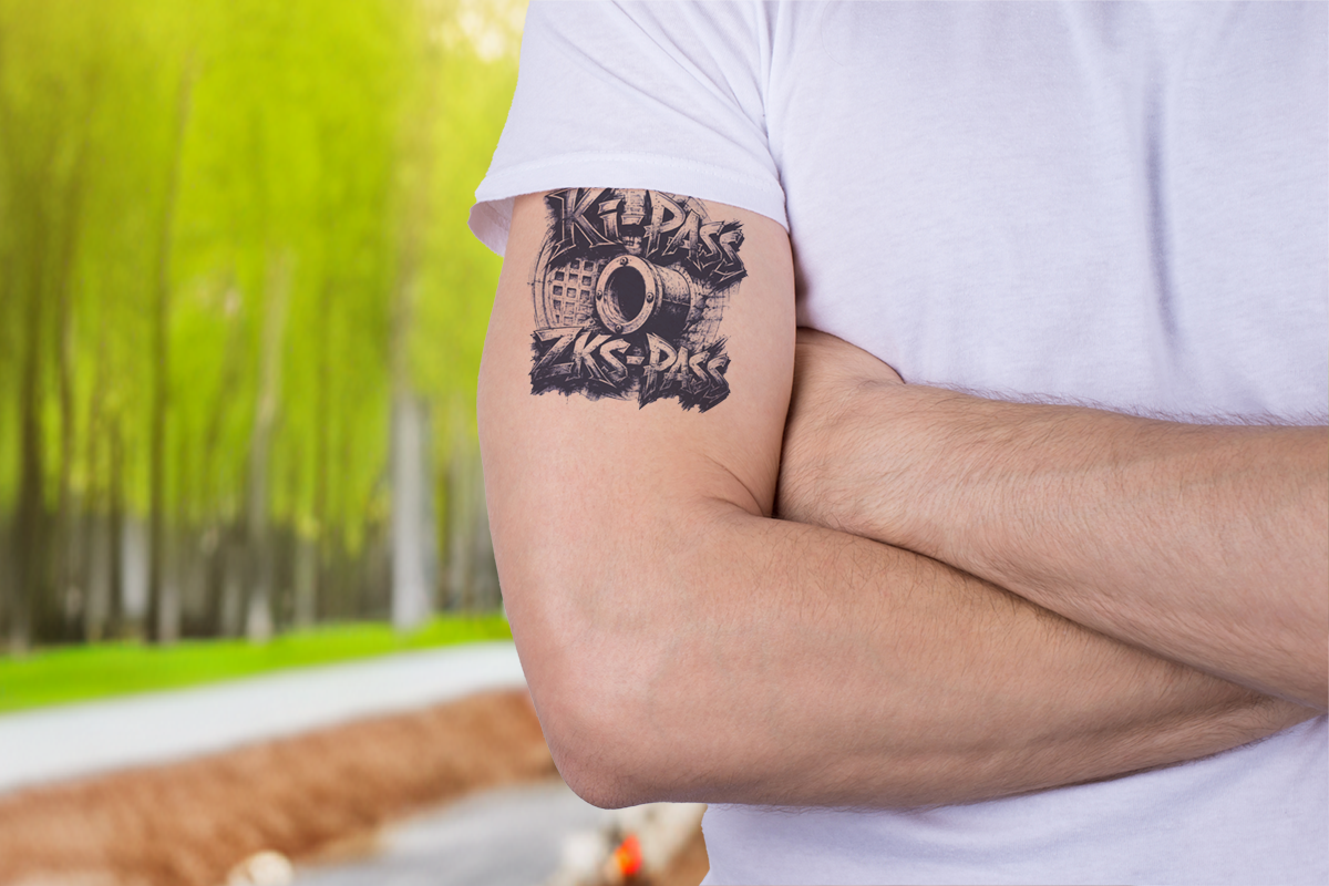 KI-generiertes Bild eines Mannes mit verschränkten Armen, auf einem Oberarm ein Tattoo