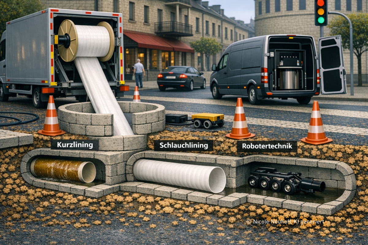 Schematische Darstellung Kurzlining, Schlauchlining, Robotertechnik, KI-generiert
