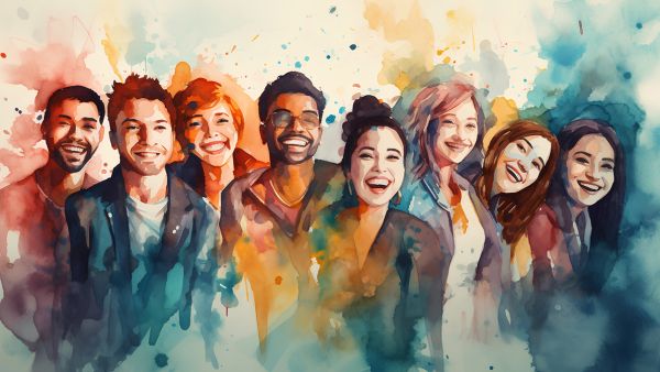 verschiedene junge gutgelaunte Menschen unterschiedlicher Herkunft als watercolor Zeichnung