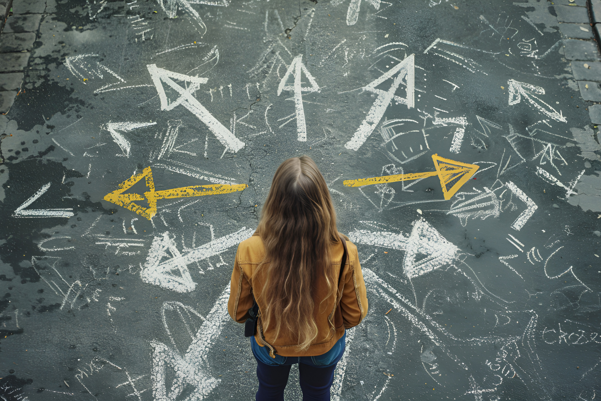 Eine junge Frau steht vor gezeichneten Zeichen auf dem Asphalt, Ansicht von oben. Pfeile zeigen in verschiedene Richtungen und symbolisieren die Vielfalt der Möglichkeiten. KI generiert