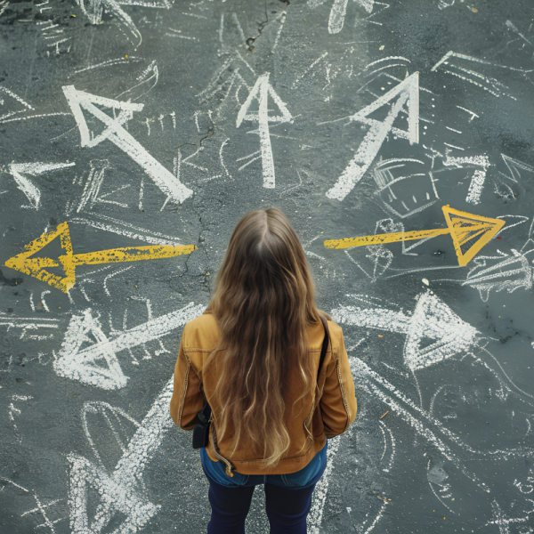 Eine junge Frau steht vor gezeichneten Zeichen auf dem Asphalt, Ansicht von oben. Pfeile zeigen in verschiedene Richtungen und symbolisieren die Vielfalt der Möglichkeiten. KI generiert