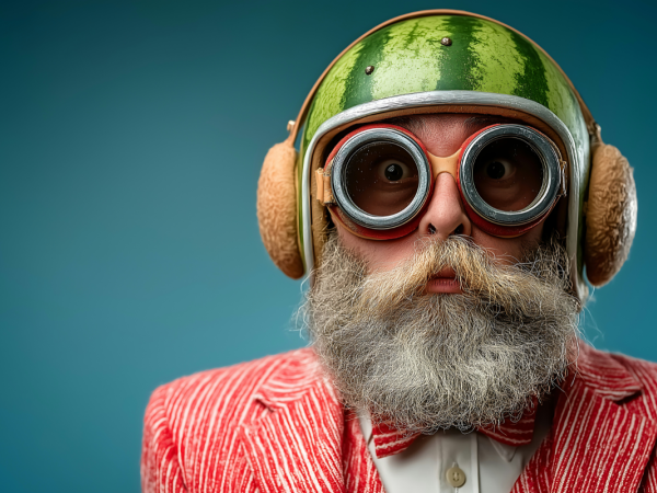 Ein bärtiger Mann trägt auf dem Kopf eine Wassermelone als Helm, Ohrenschützer und eine Schutzbrille. Er blickt merkwürdig erstaunt. KI generiert