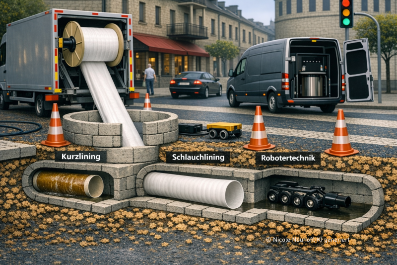Schematische Darstellung Kurzlining, Schlauchlining, Robotertechnik, KI-generiert