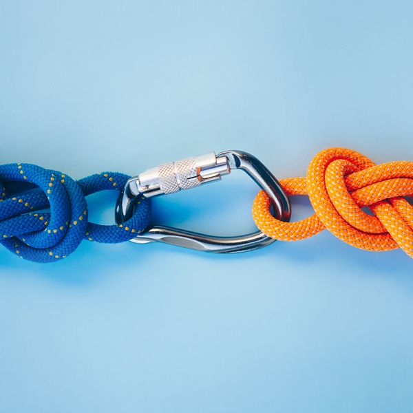 Karabiner verbindet zwei geknotete Seile