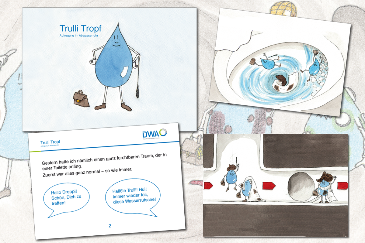 Komposition aus vier verschiedenen Kamishibai-Karten mit Trulli Tropf, eine davon mit der Rückseite