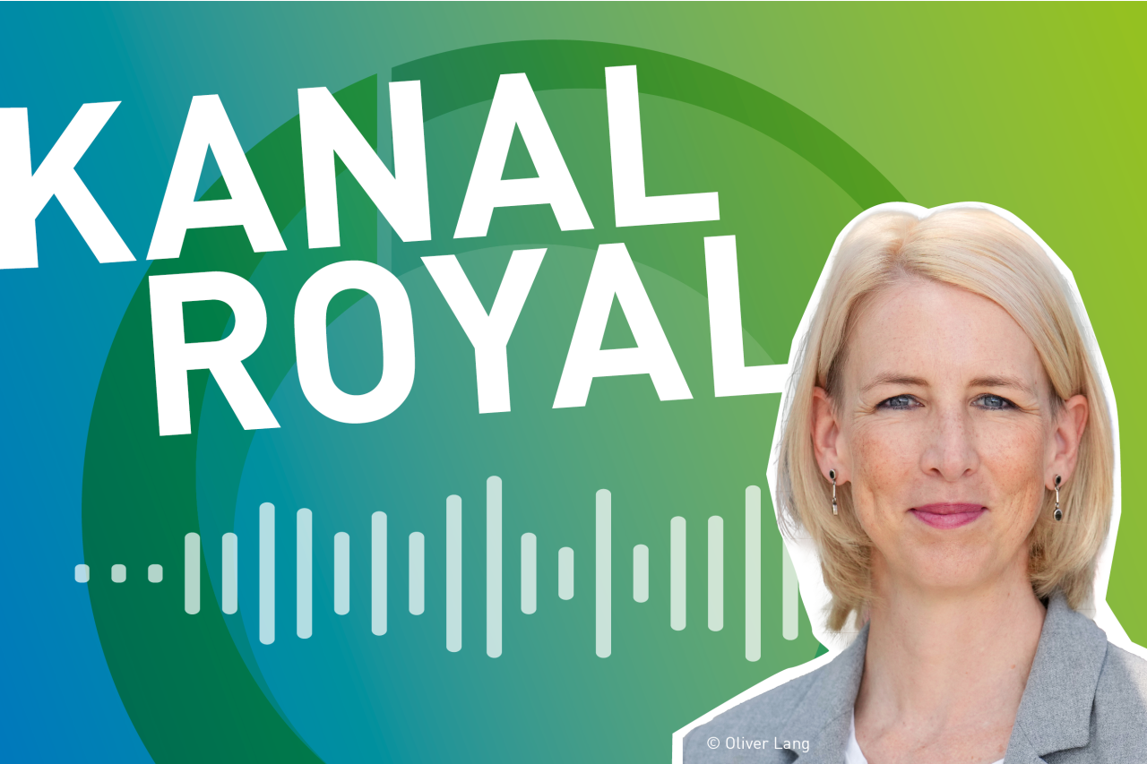 Logo des DWA-Podcasts Kanal Royal mit dem Portrait von Katrin Habenschaden