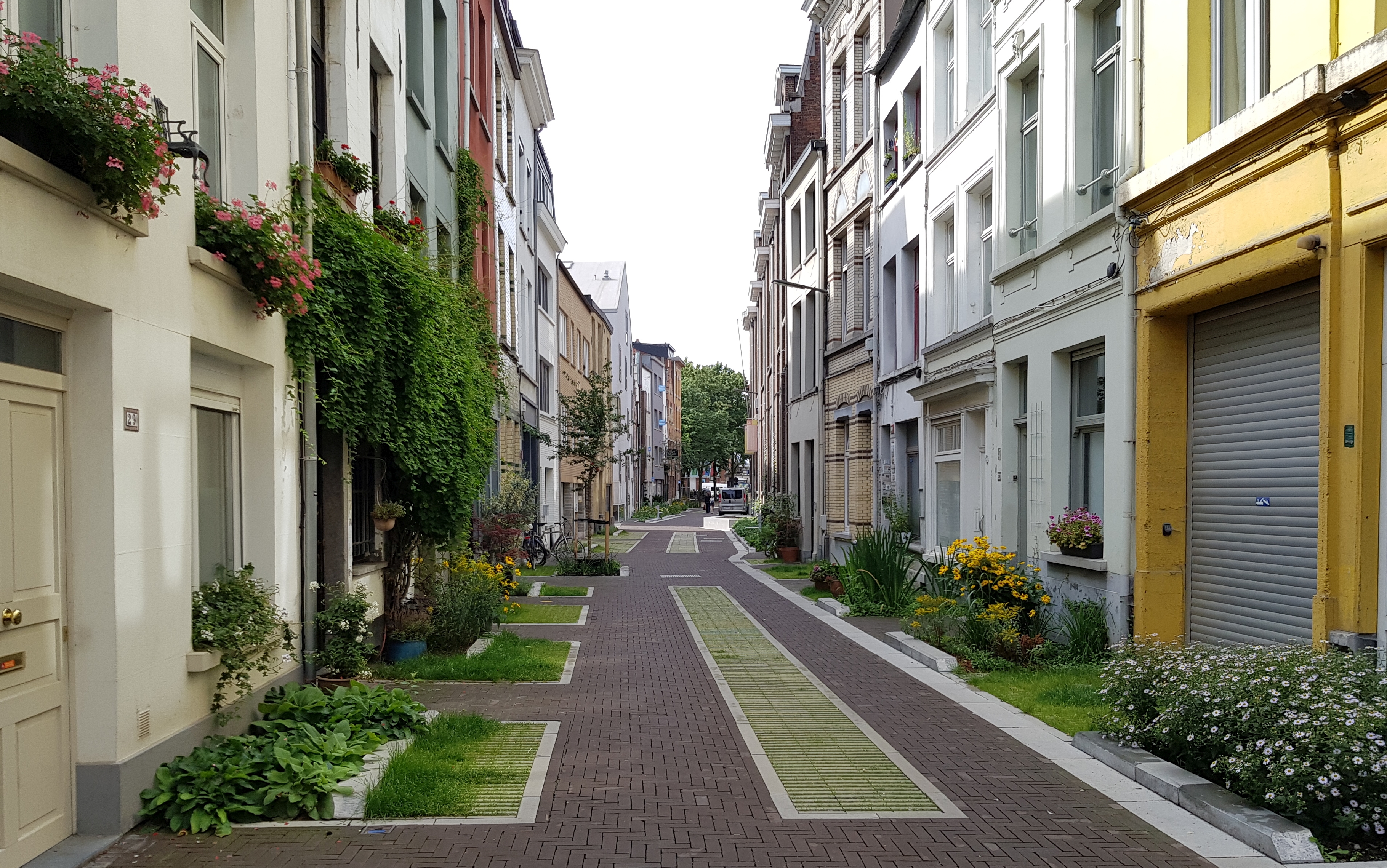 Straßenzug nach Umbau mit viel Grün und Versickerungsflächen